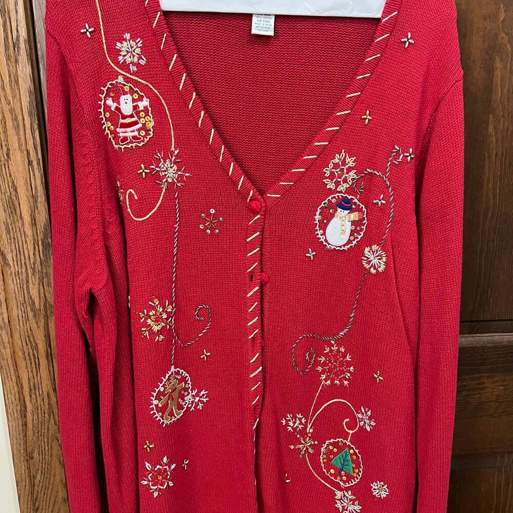 Vintage Designers Originals Studio Red Christmas Sequin Beaded Ornament Zip Fron